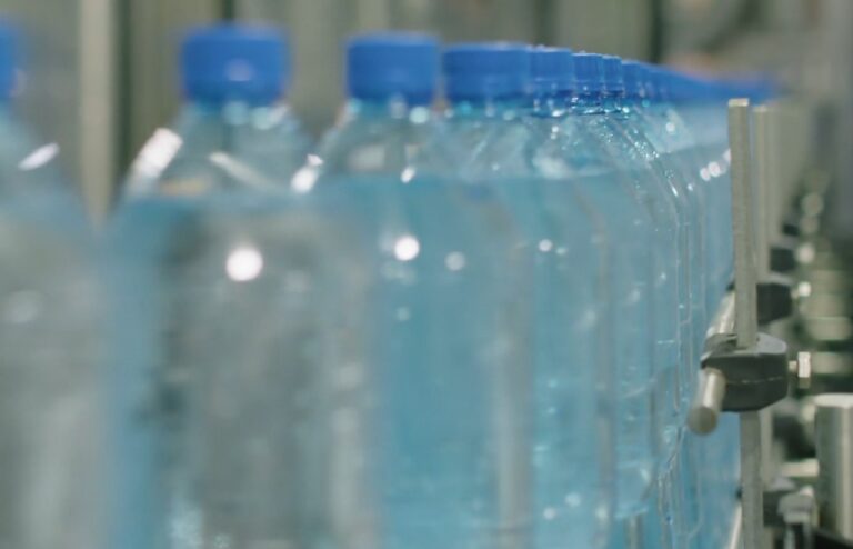 Small bottles of water on a production line