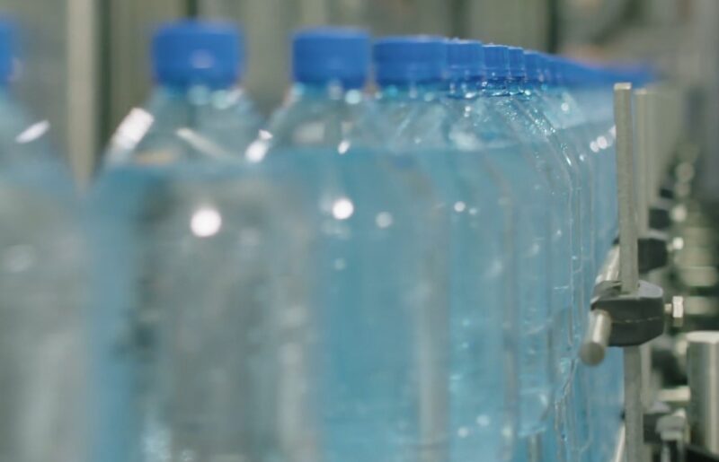 Small bottles of water on a production line