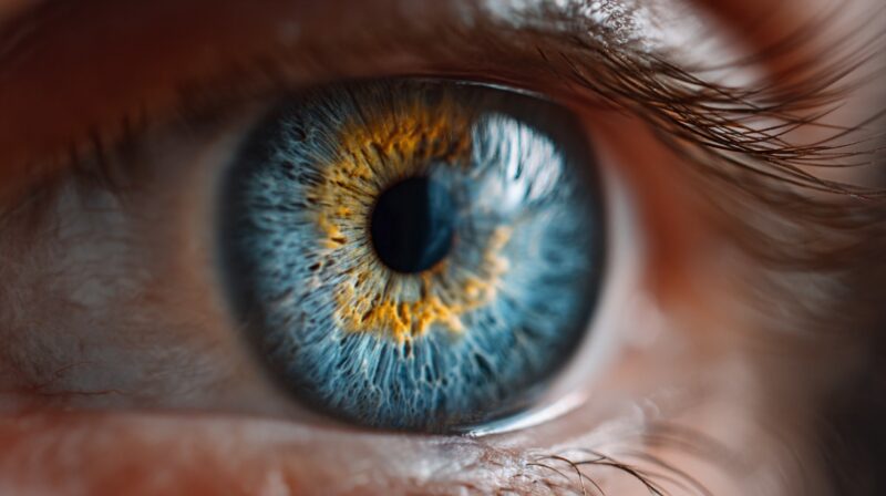 Extreme close up of a human eye with a blue and gold iris, symbolizing vision concerns linked to infection