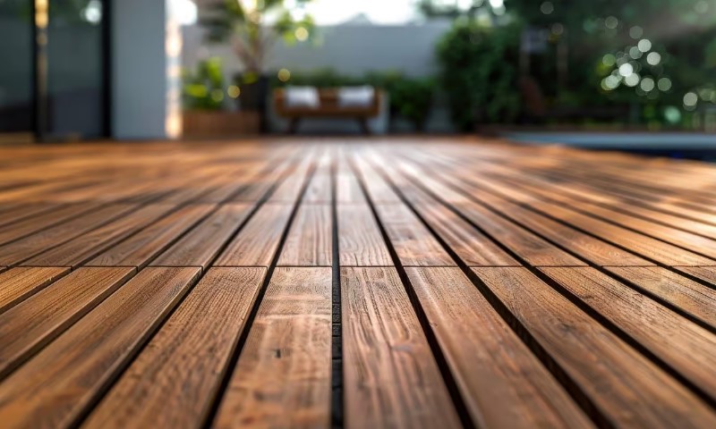 Warm-toned wooden deck in focus, leading to a blurry background with a cushioned seat and greenery