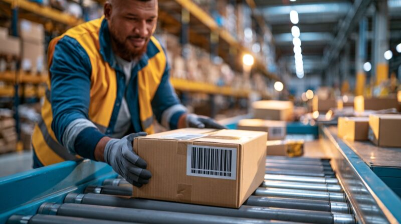 Worker handling a barcode-labeled package in a warehouse.
