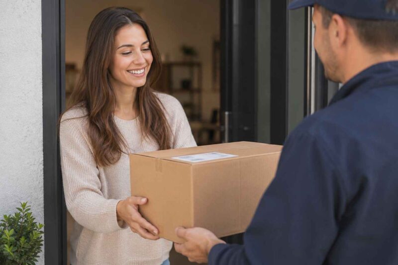 Woman accepting a cardboard package from a delivery worker.