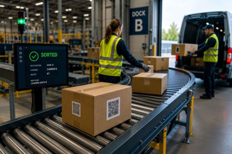 Barcode-labeled packages moving toward a delivery van in a warehouse.
