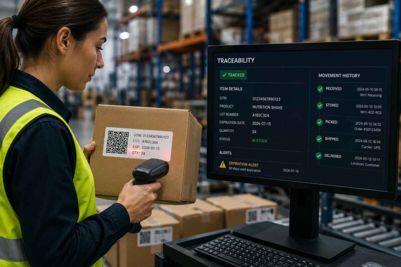 Worker scanning a package while reviewing tracking and expiration details.