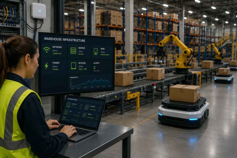 Worker monitoring warehouse robots, networks and automated equipment.