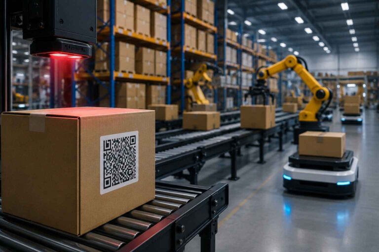 Package with a 2D barcode moving through an automated warehouse.