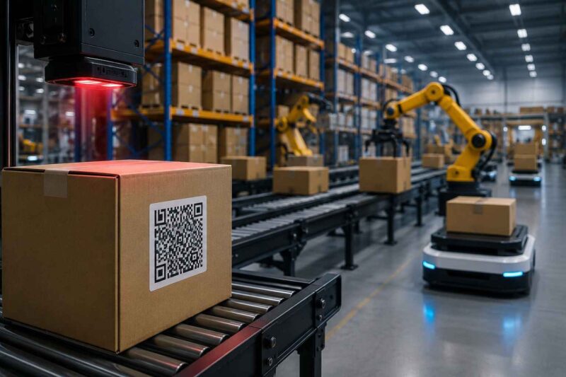 Package with a 2D barcode moving through an automated warehouse.
