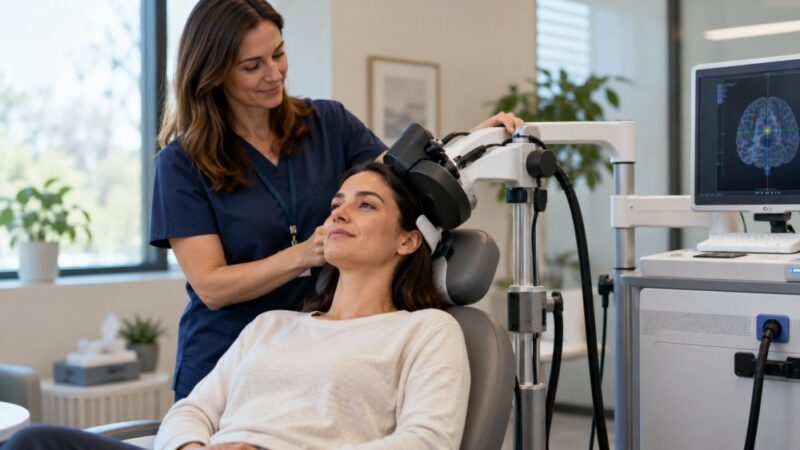 Woman receiving TMS therapy in a modern clinic while a medical professional adjusts the treatment device beside her.