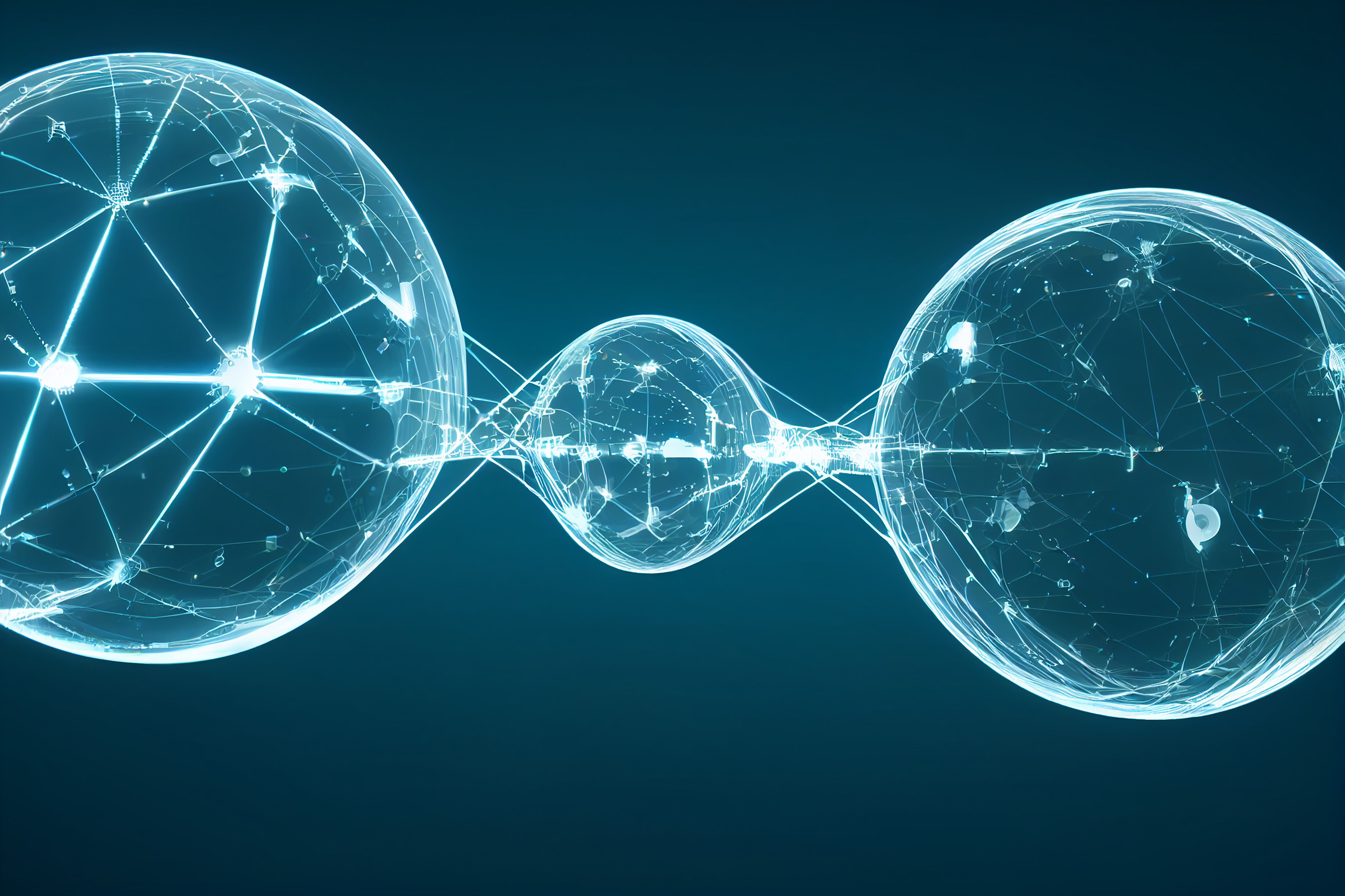 Interconnected digital spheres and glowing lines representing an IoT sensor network and digital twin